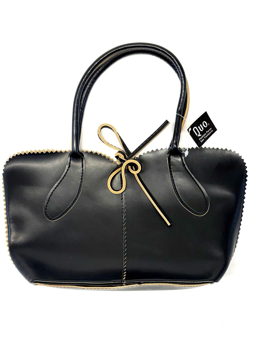 DUO Fashion Purse Black Vegan Leather Tote Stitched Bow Accent Bag NWT